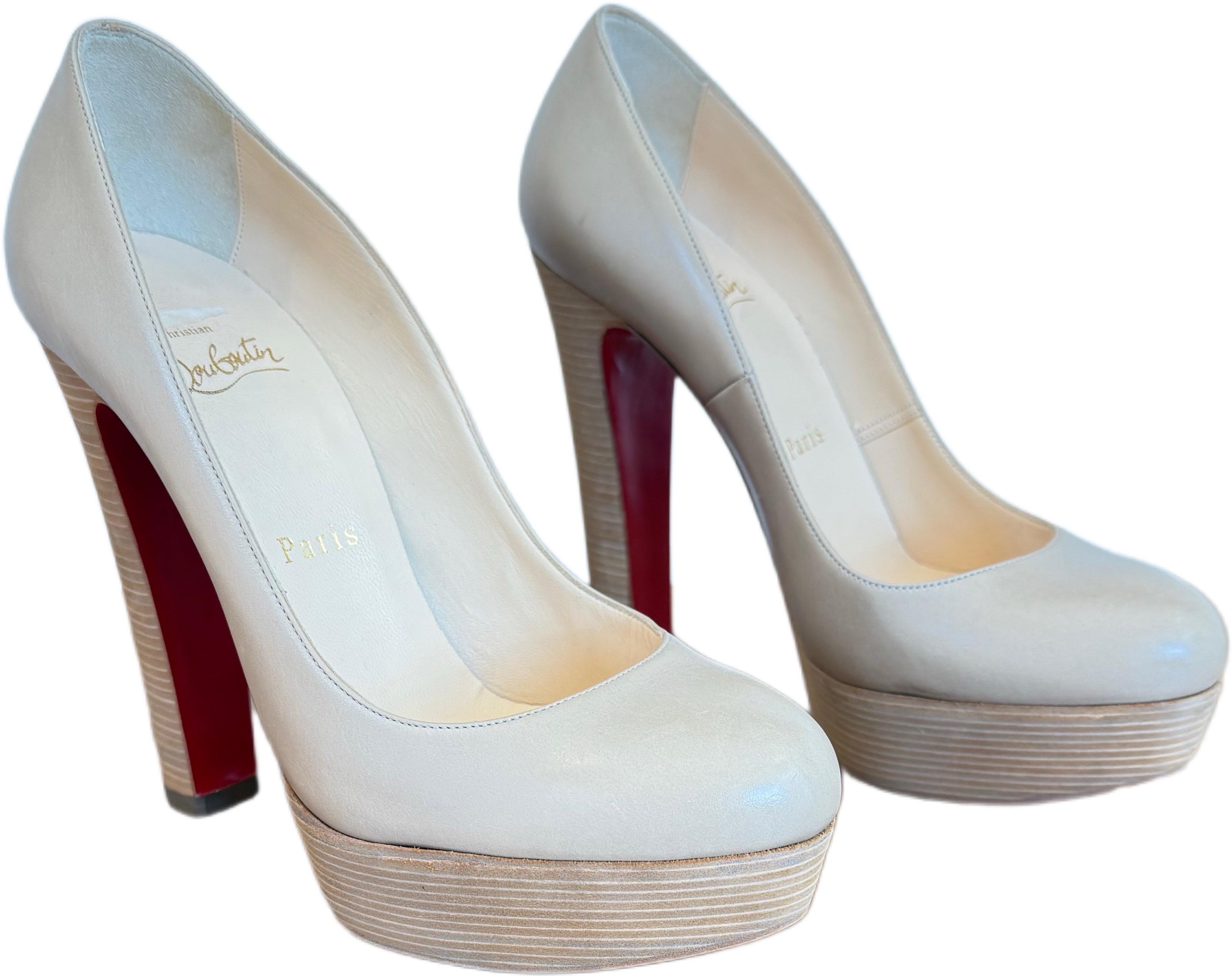 Christian Louboutin Bibi Nude Leather Platform Pumps Red Sole Heels Sz 37 US 7 For Sale 1