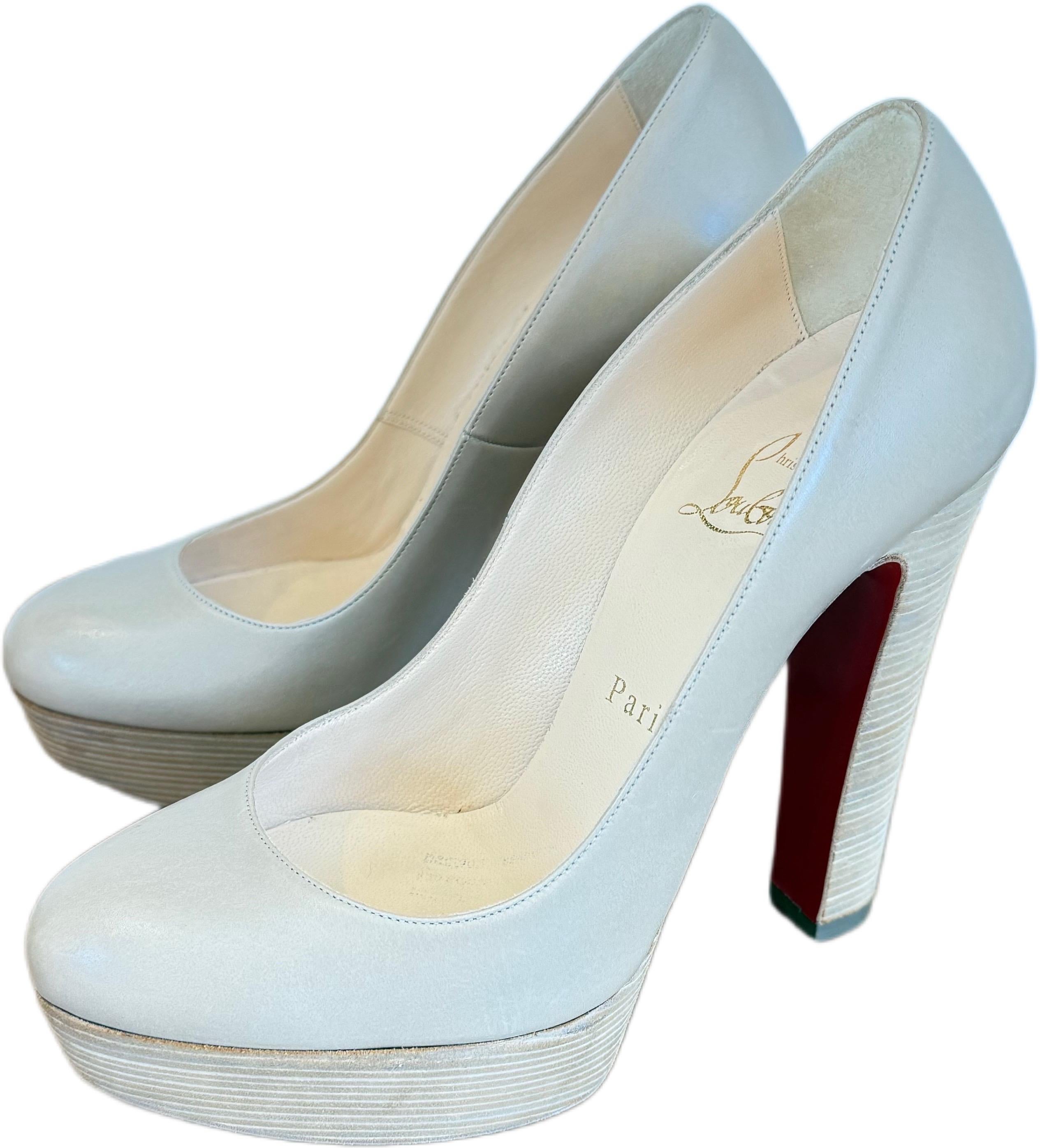 Christian Louboutin Bibi Nude Leather Platform Pumps Red Sole Heels Sz 37 US 7 For Sale 2