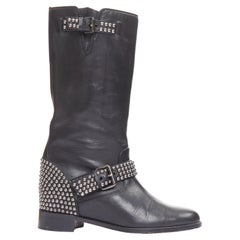 CHRISTIAN LOUBOUTIN Bicloubutu black silver studded moto biker wedged boots EU35