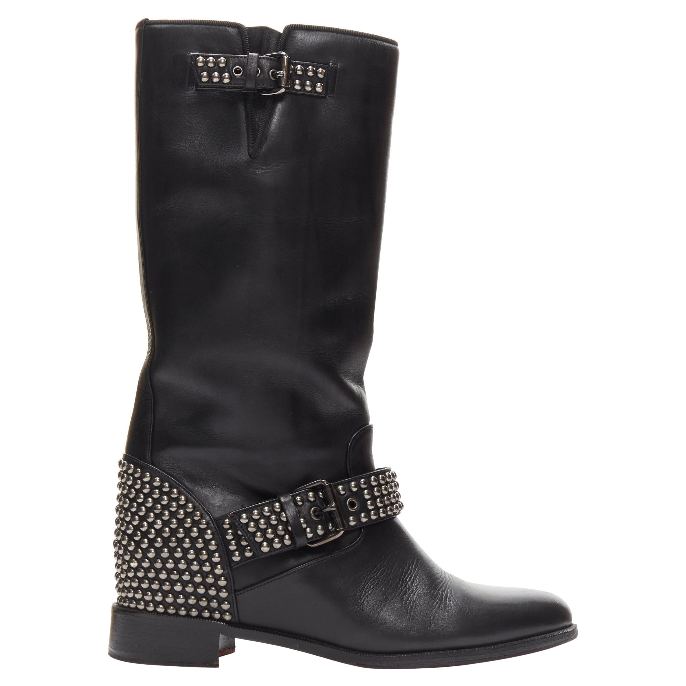 CHRISTIAN LOUBOUTIN Bicloubutu black spike studded buckle wedge boots EU37.5