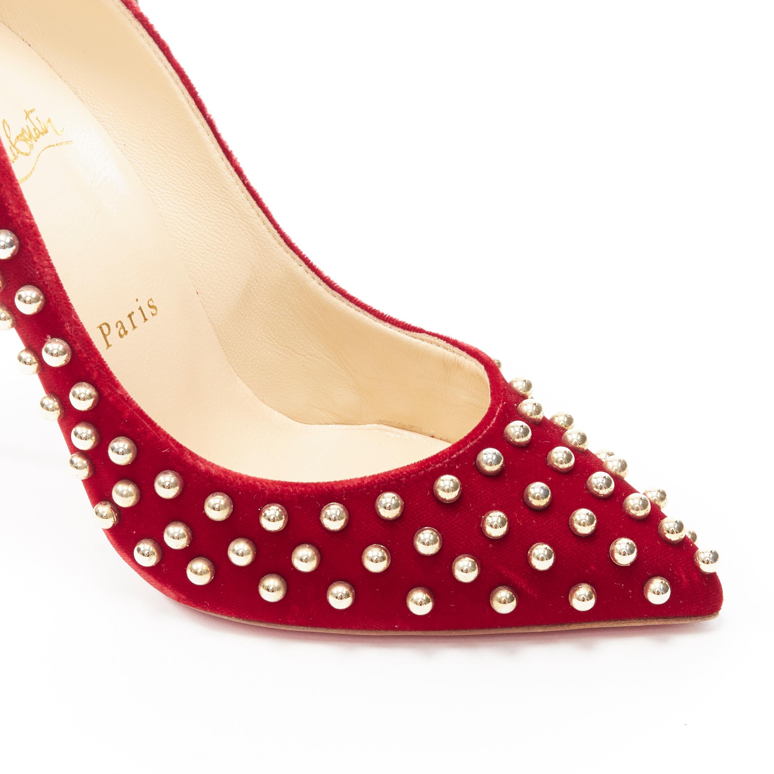 CHRISTIAN LOUBOUTIN Billy 100 red velvet gold ball stud embellished pump EU37.5
Brand: Christian Louboutin
Designer: CHristian Louboutin
Model Name / Style: Billy 100
Material: Velvet
Color: Red
Pattern: Solid
Extra Detail: Velvet upper. Gold tone