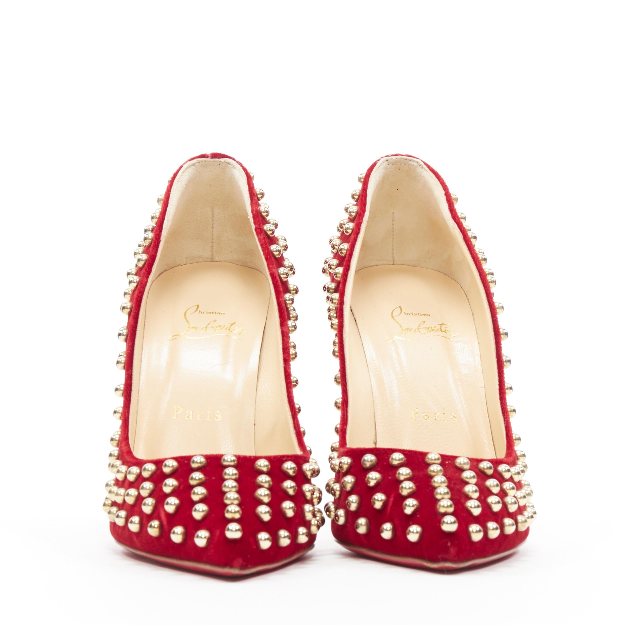 Red CHRISTIAN LOUBOUTIN Billy 100 red velvet gold ball stud embellished pump EU37.5