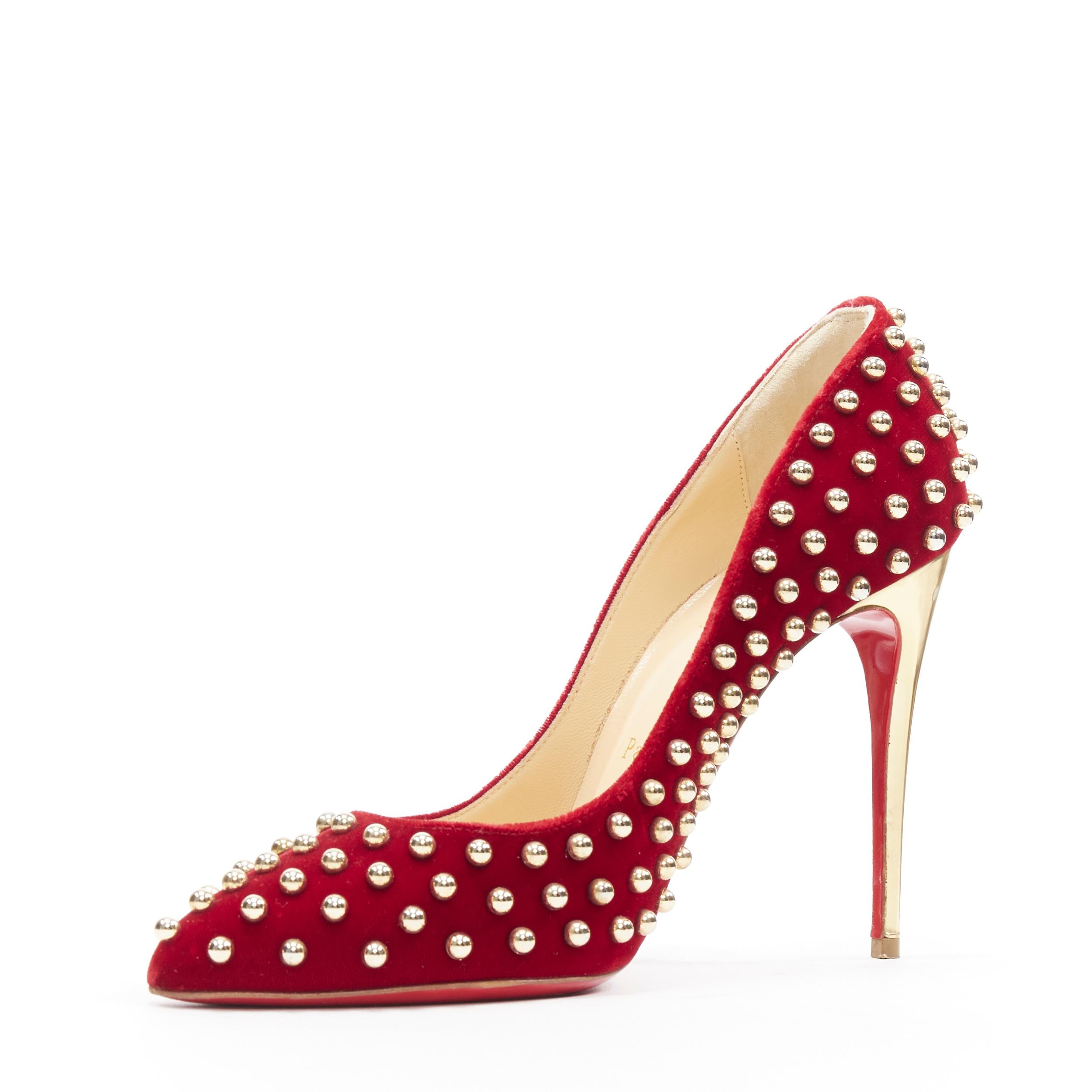 CHRISTIAN LOUBOUTIN Billy 100 red velvet gold ball stud embellished pump EU37.5 In Excellent Condition In Hong Kong, NT