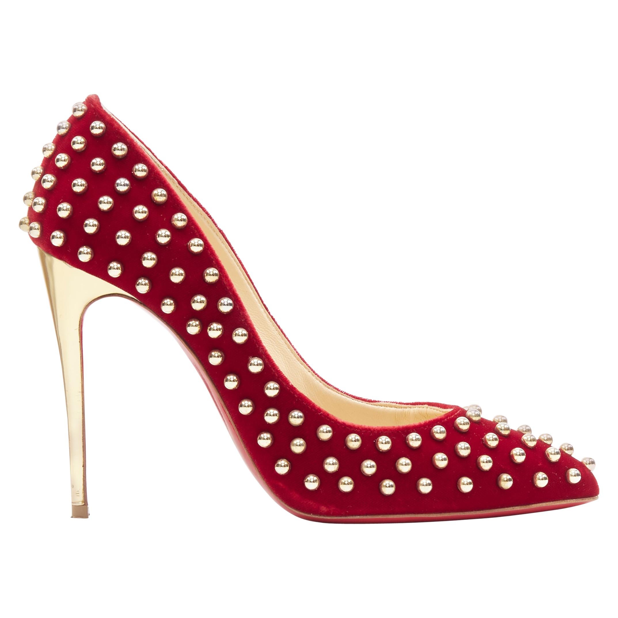 CHRISTIAN LOUBOUTIN Billy 100 red velvet gold ball stud embellished pump EU37.5