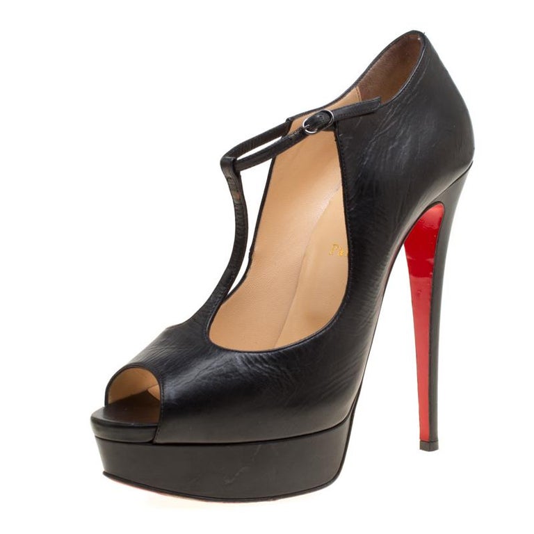 Christian Louboutin Black Alta Poppins T Strap Peep Toe Platfrom Pumps