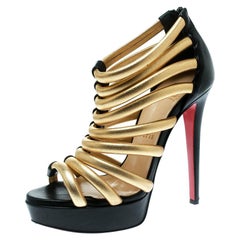 Christian Louboutin Black and Gold Leather Romaine Platform Sandals Size 37