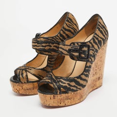 Christian Louboutin Black/Beige Canvas Melisa Cork Wedge Pumps Size 38
