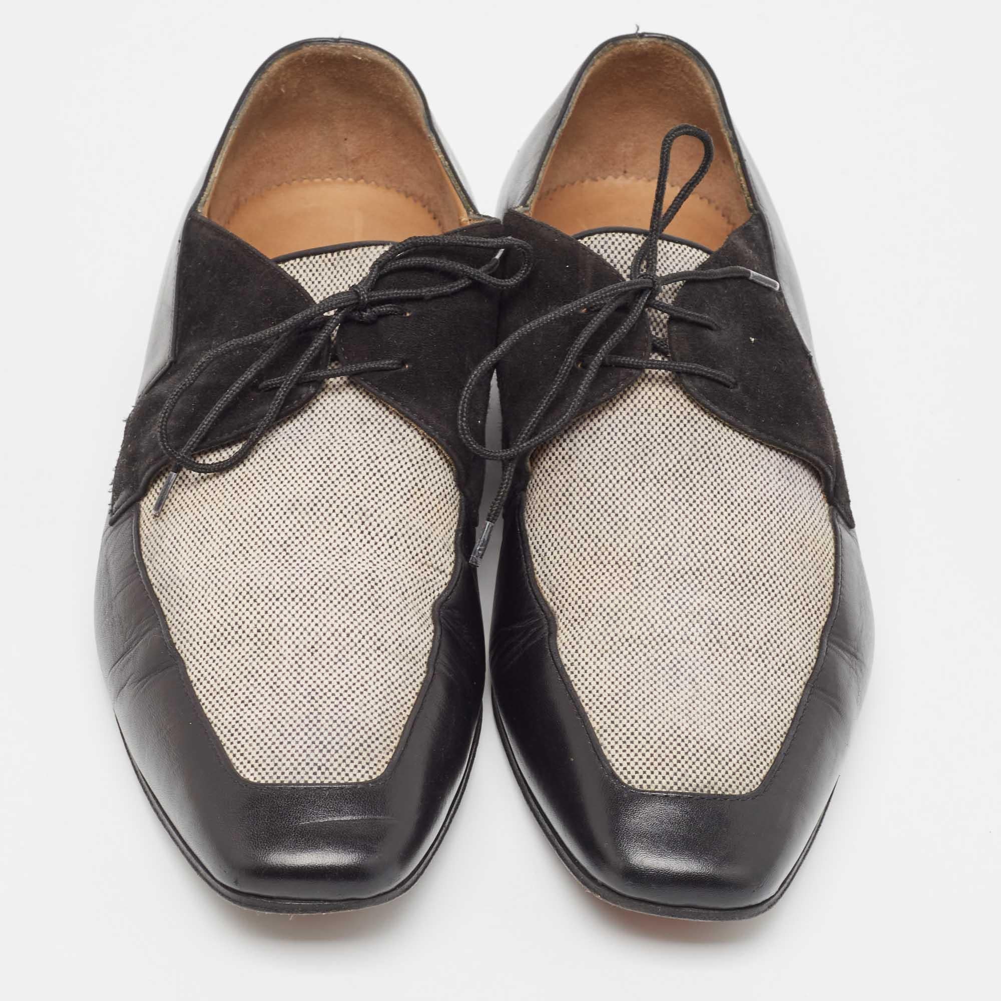 Christian Louboutin Black/Beige Leather and Canvas Orleans Lace Up Derby Size 41 In Good Condition In Dubai, Al Qouz 2