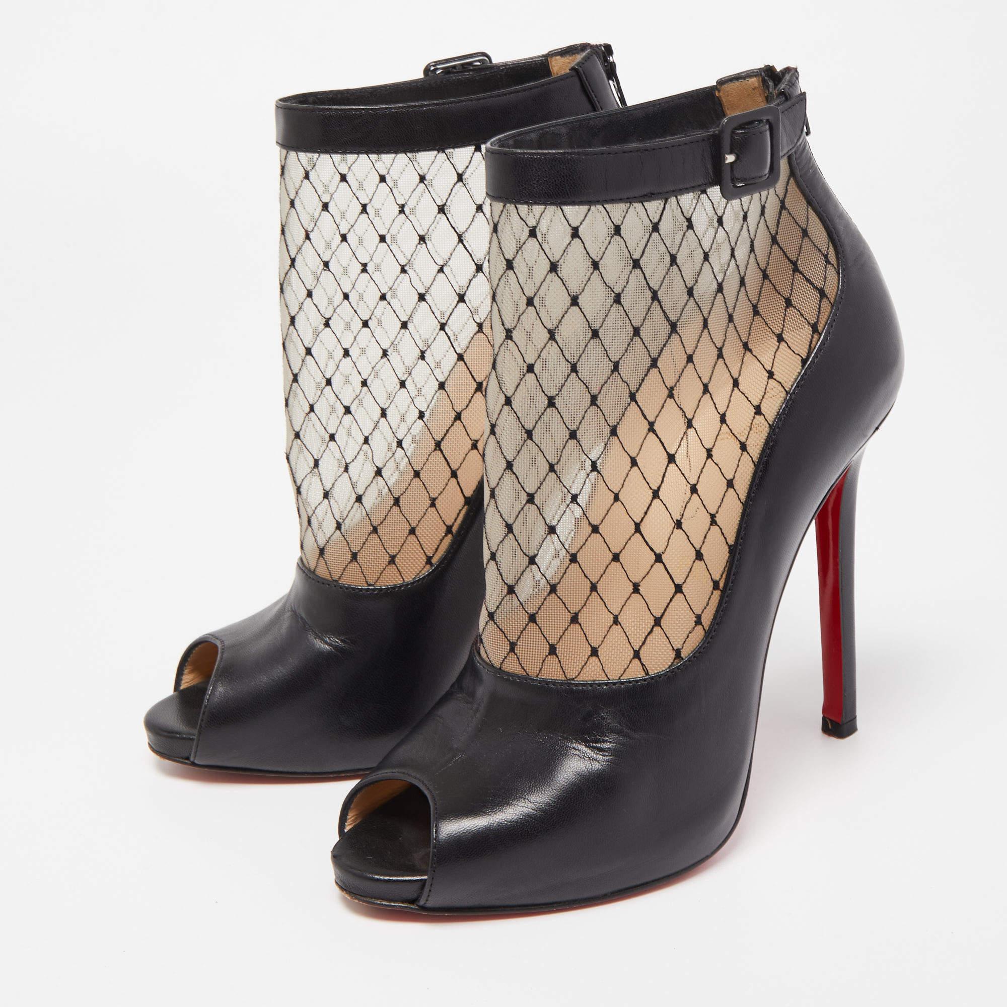 Women's Christian Louboutin Black/Beige Mesh and Leather Ankle Boots For Sale