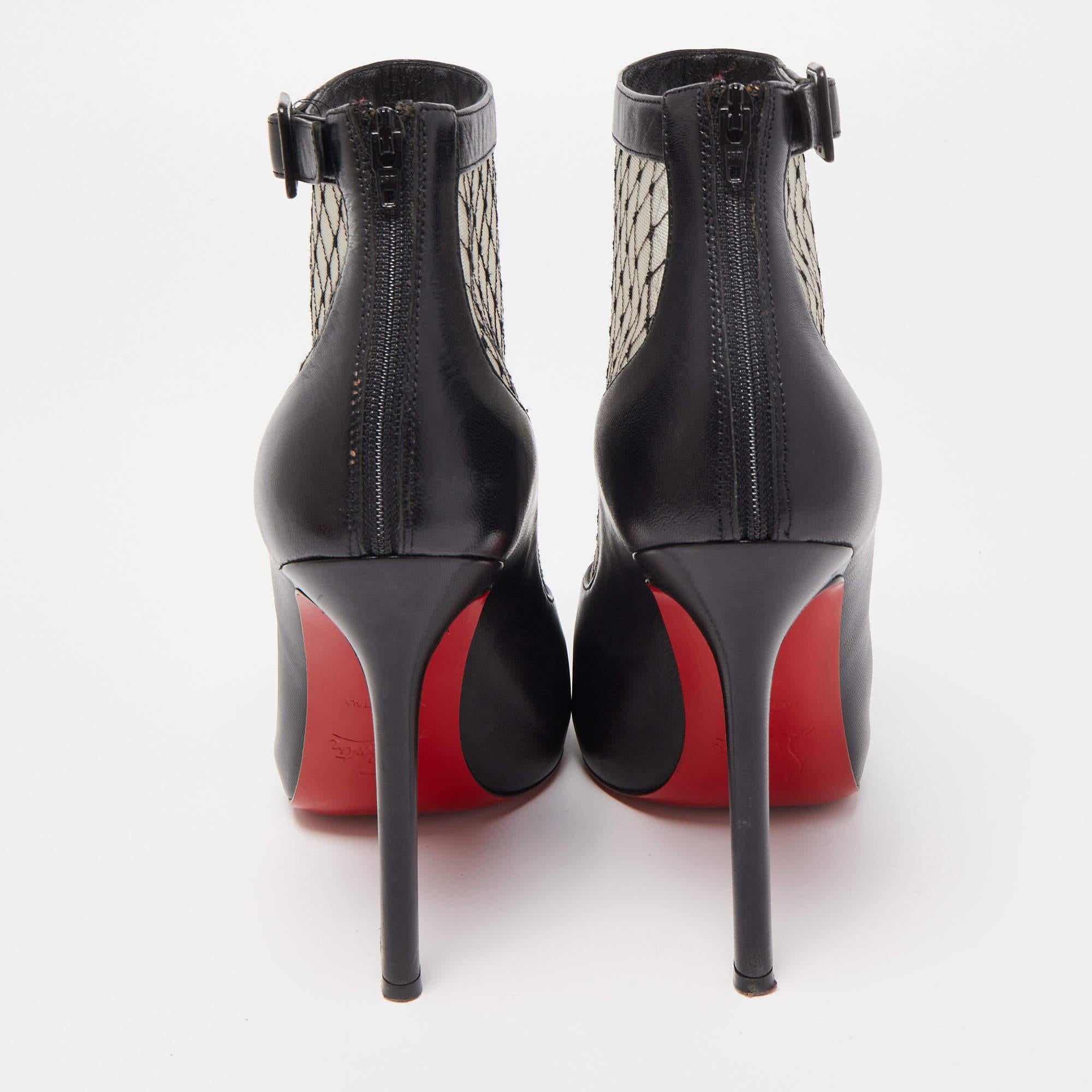Christian Louboutin Black/Beige Mesh and Leather Ankle Boots For Sale 1