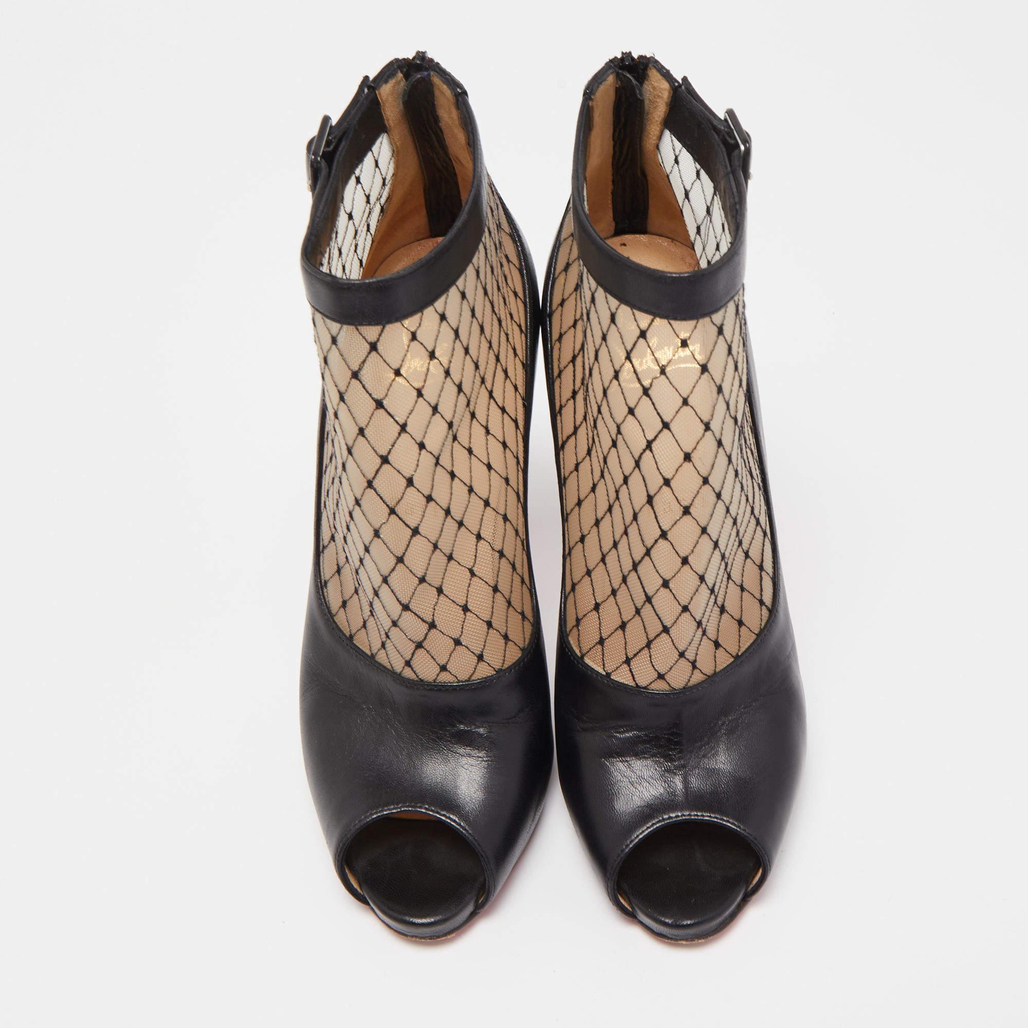 Christian Louboutin Black/Beige Mesh and Leather Ankle Boots For Sale 2