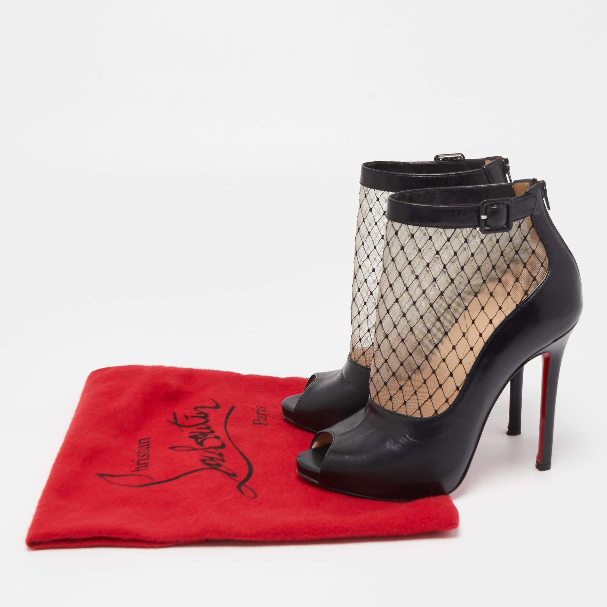 Christian Louboutin Black/Beige Mesh and Leather Ankle Boots For Sale 4