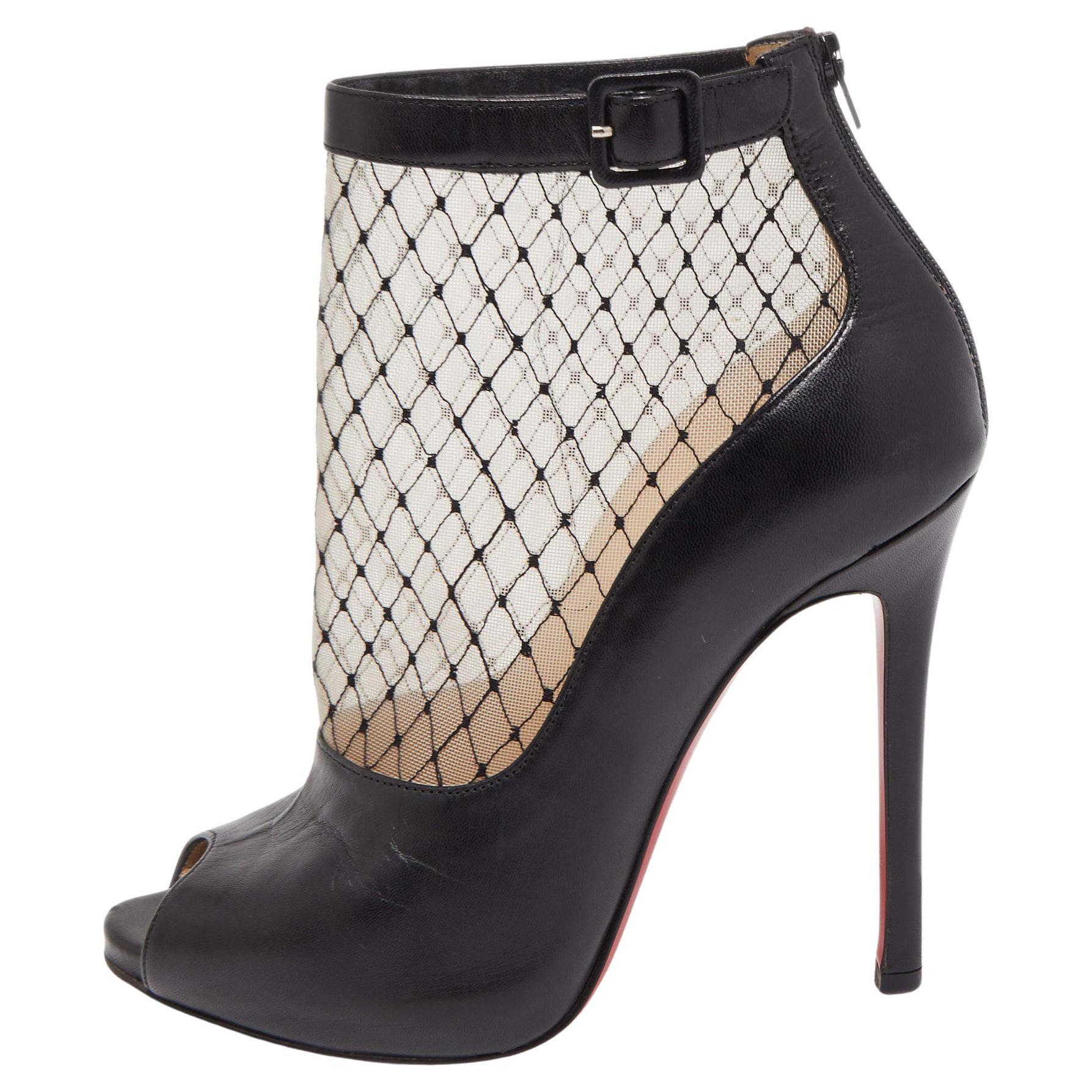 Christian Louboutin Black/Beige Mesh and Leather Ankle Boots For Sale