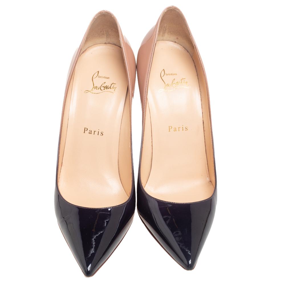 Christian Louboutin's one of the most loved styles is So Kate, named after English model, actress and businesswomen, Kate Moss. These So Kate pumps in a two-toned ombre shade are rendered in glossy patent leather, flaunting well-cut vamps and high