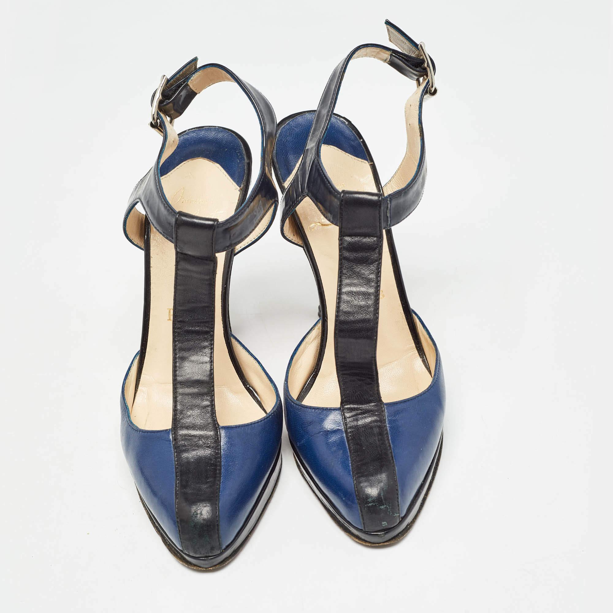 Gray Christian Louboutin Black/Blue Leather T-Bar Ankle Strap Pumps Size 36.5