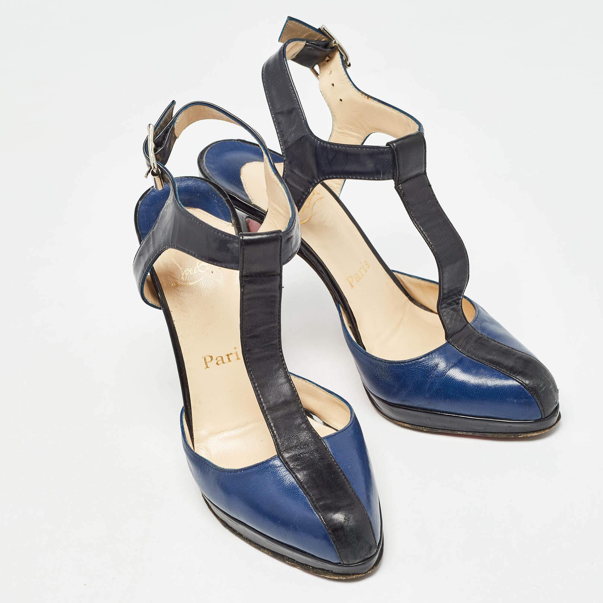 Christian Louboutin Black/Blue Leather T-Bar Ankle Strap Pumps Size 36.5 In Fair Condition In Dubai, Al Qouz 2