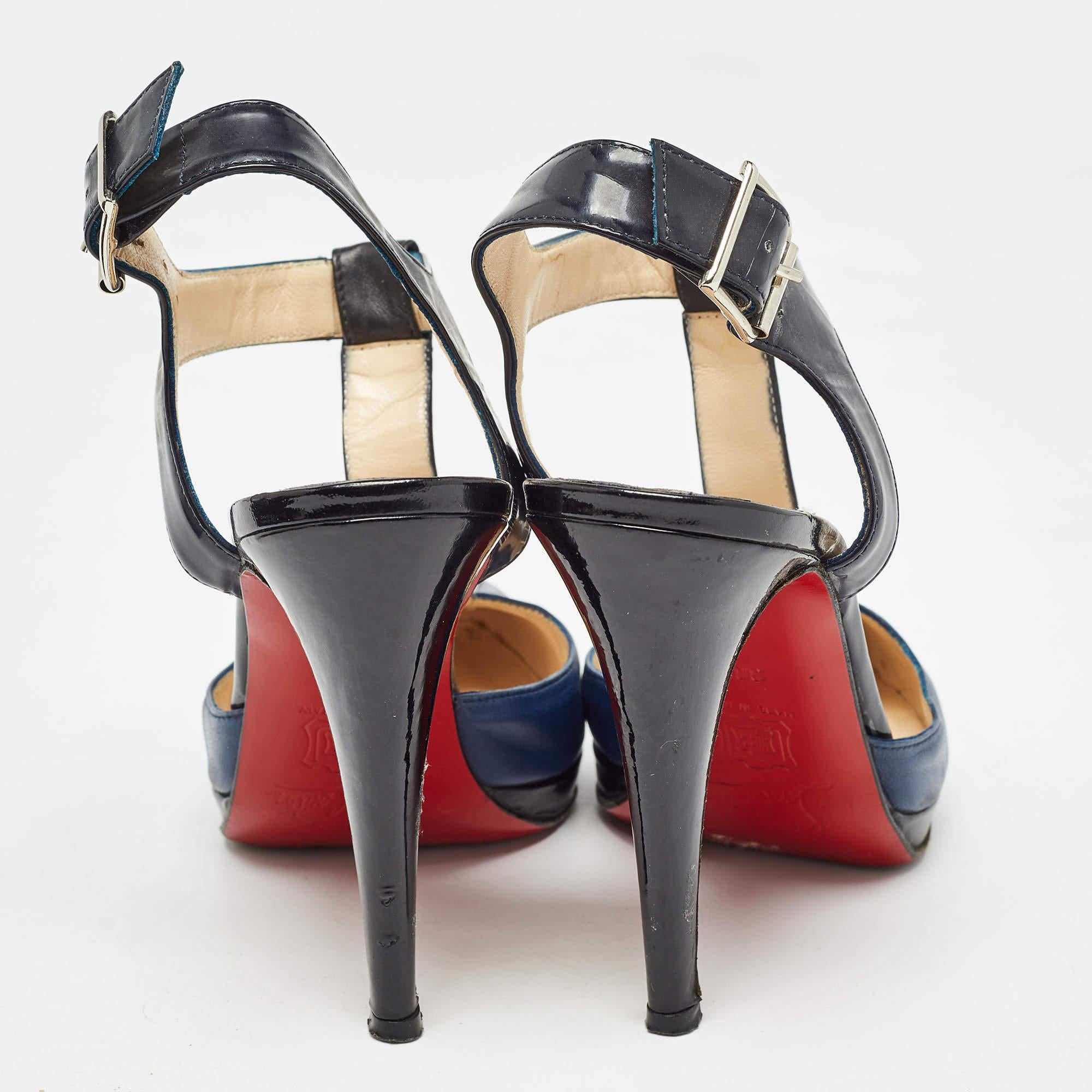 Women's Christian Louboutin Black/Blue Leather T-Bar Ankle Strap Pumps Size 36.5