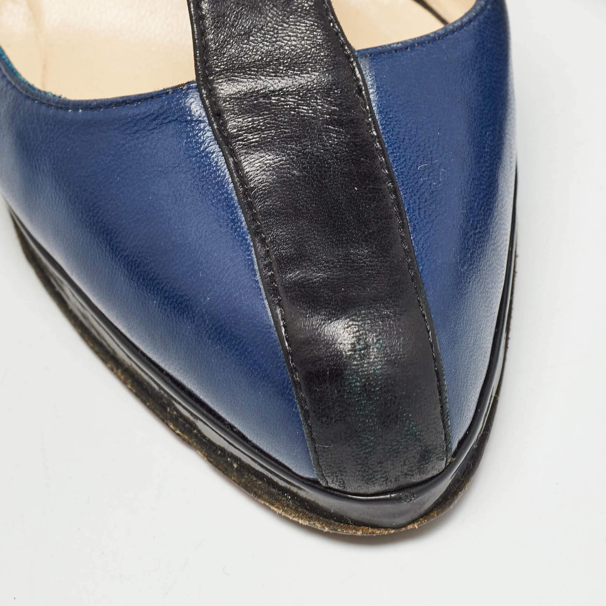 Christian Louboutin Black/Blue Leather T-Bar Ankle Strap Pumps Size 36.5 2