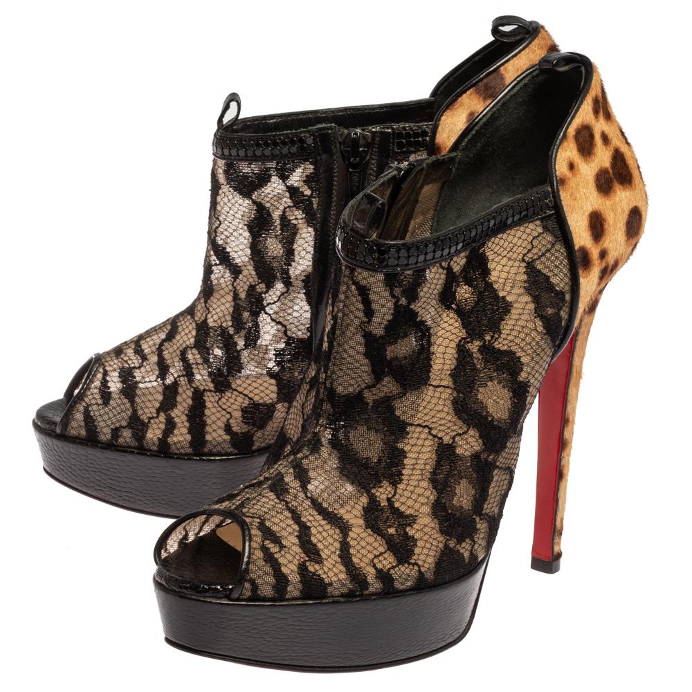 Christian Louboutin Black/Brown Leopard Pony Hair Peep Toe Ankle Booties Size 40 1