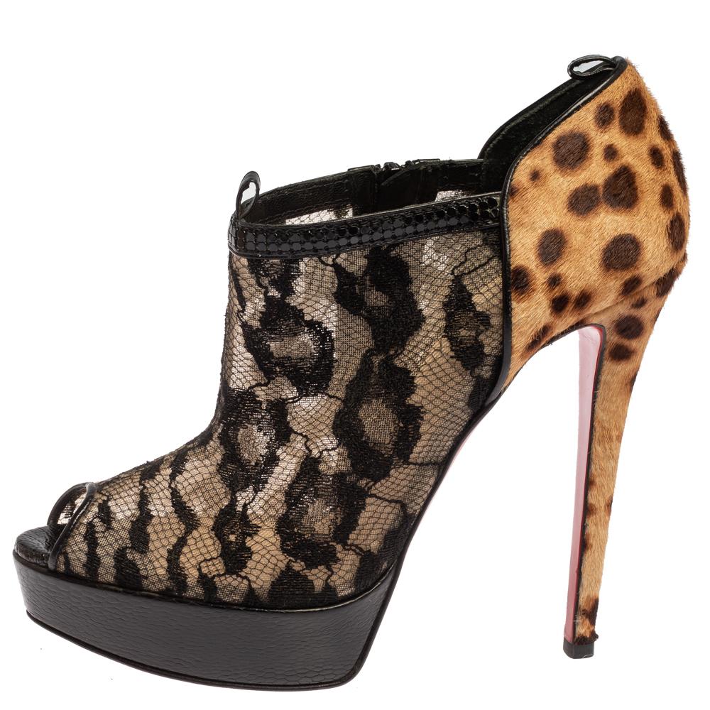 Christian Louboutin Black/Brown Leopard Pony Hair Peep Toe Ankle Booties Size 40 3