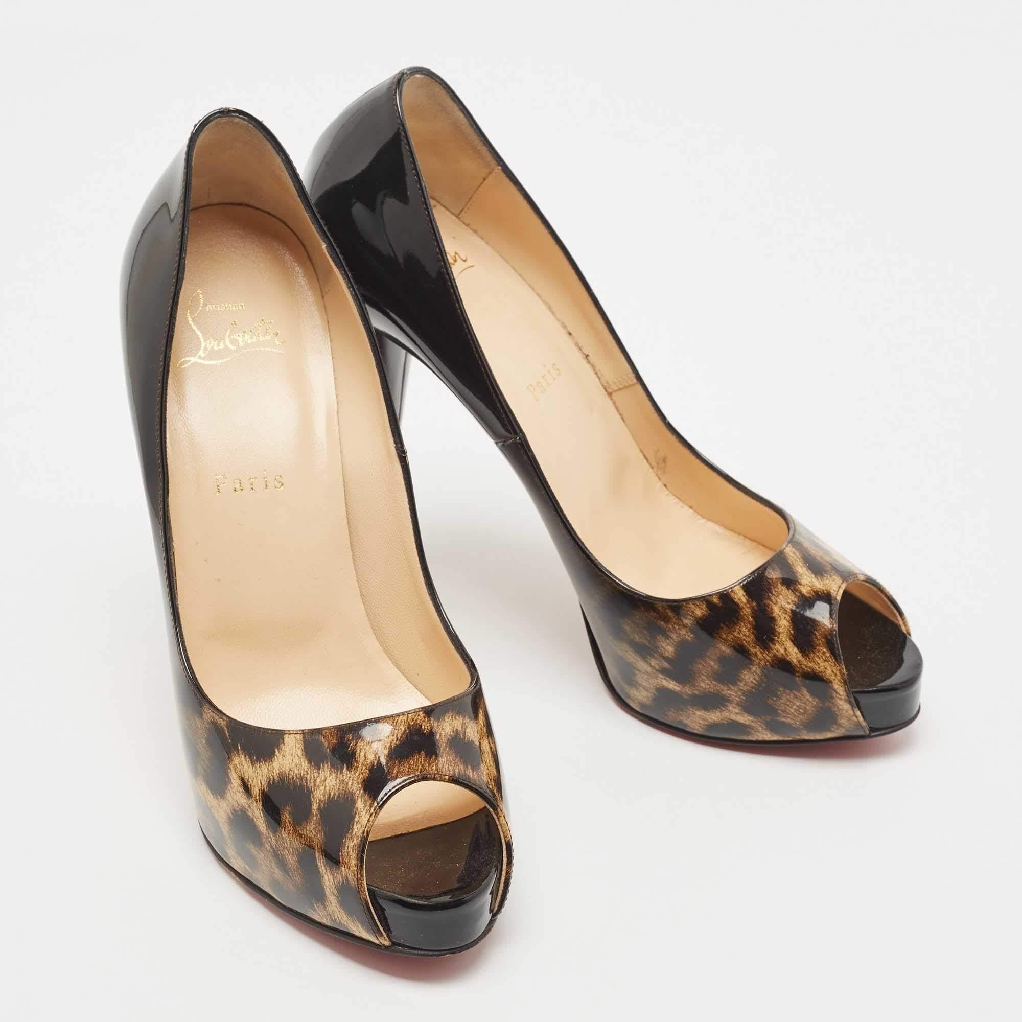 Christian Louboutin Black/Brown Leopard Print Ombre Patent Leather Peep Toe Pump In Good Condition In Dubai, Al Qouz 2