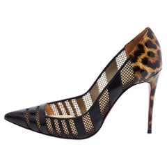 Christian Louboutin Black/Brown Mesh, Leather and Leopard Print Patent Bandy