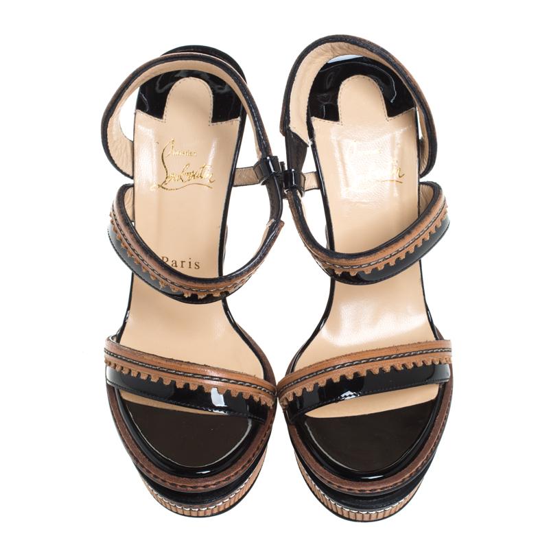 Christian Louboutin Black/Brown Patent And Leather Wedge Platform Sandals Size  In Good Condition In Dubai, Al Qouz 2