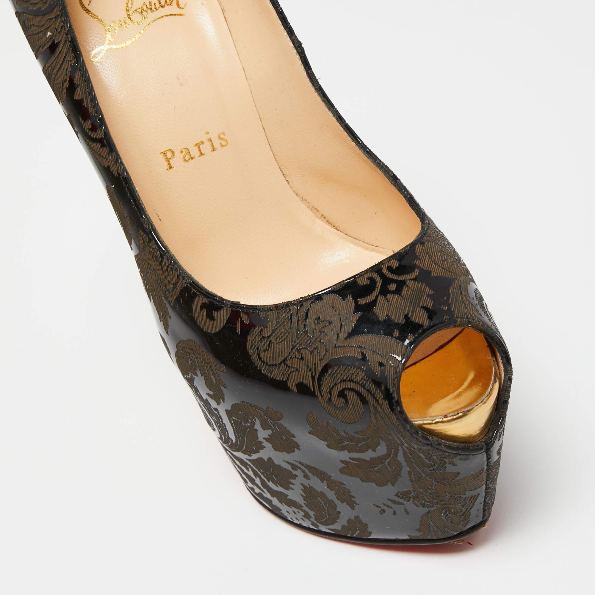 Christian Louboutin Black/Brown Patent Leather Arabesque Highness Peep-Toe Pumps For Sale 3