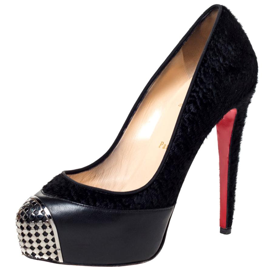 Christian Louboutin Black Calf Hair and Leather Maggie Cap Toe Pumps Size 38