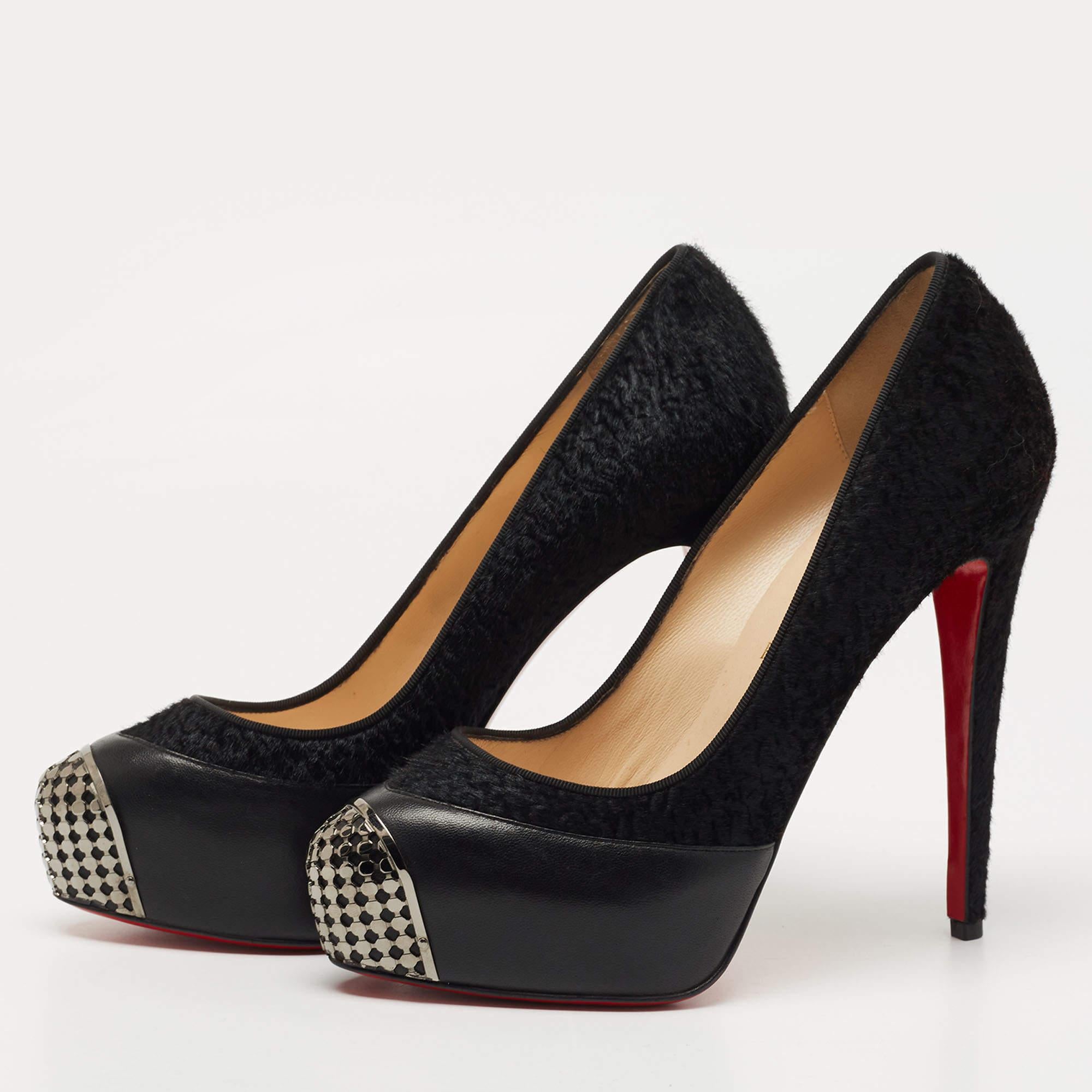 Women's Christian Louboutin Black Calfhair and Leather Maggie Pumps Size 40 For Sale