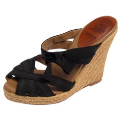Used Christian Louboutin Black Canvas Espadrille Wedge Sandals Size 36