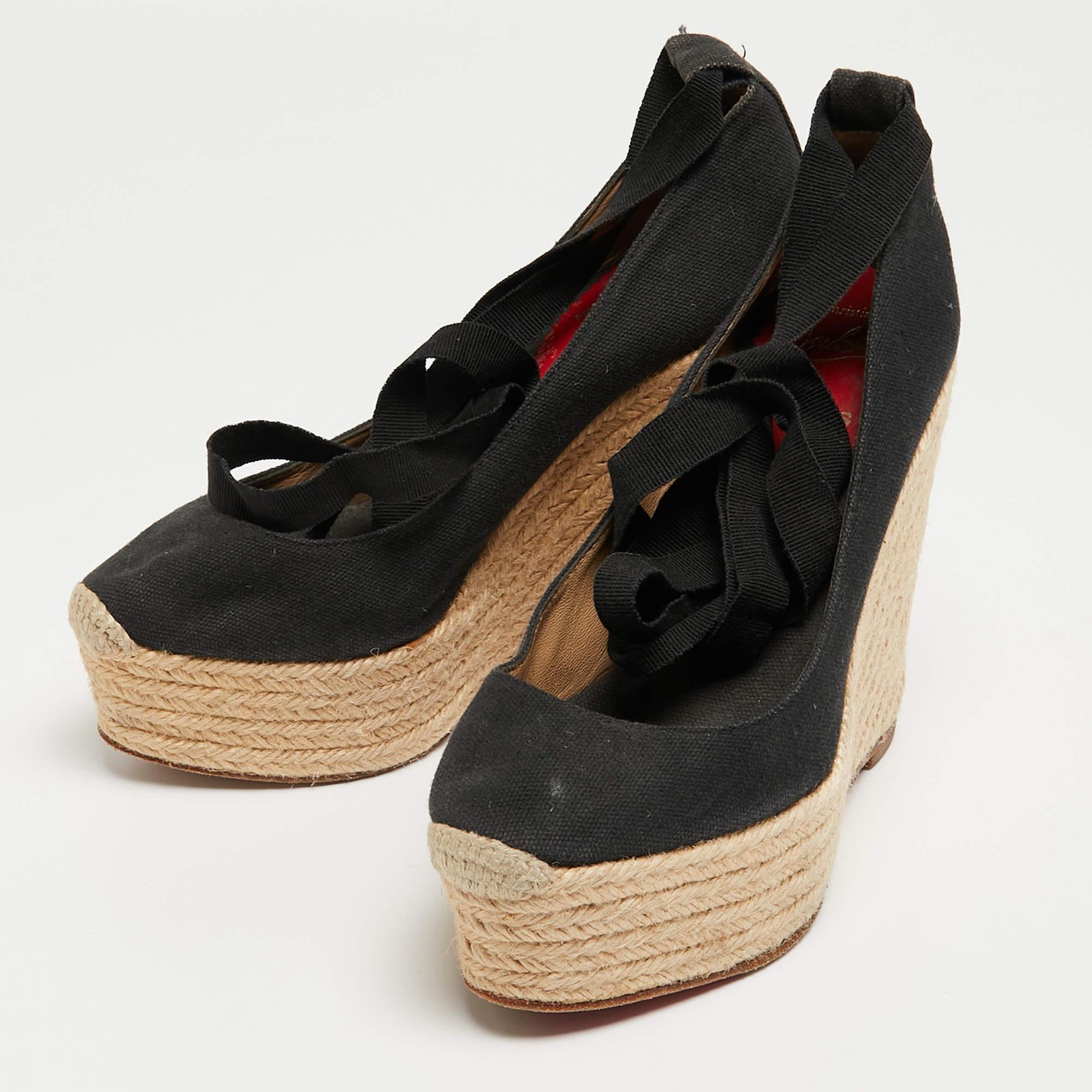 Women's Christian Louboutin Black Canvas Formentera Espadrille Wedge Sandals Size 36 For Sale
