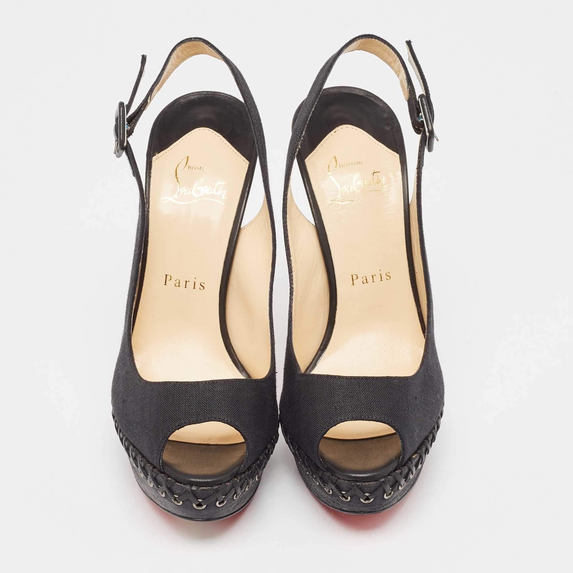 Christian Louboutin Black Canvas Indiana Platform Pumps Size 37.5 In New Condition In Dubai, Al Qouz 2