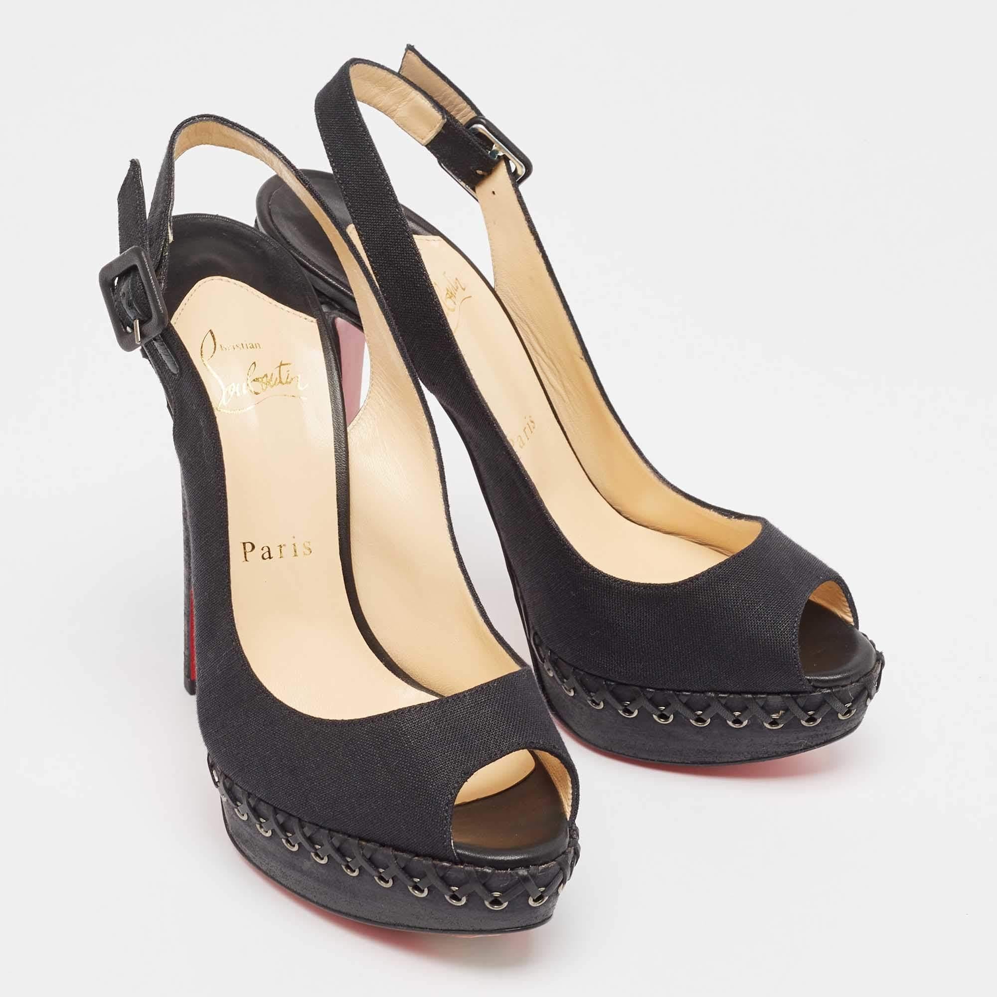 Women's Christian Louboutin Black Canvas Indiana Platform Pumps Size 37.5