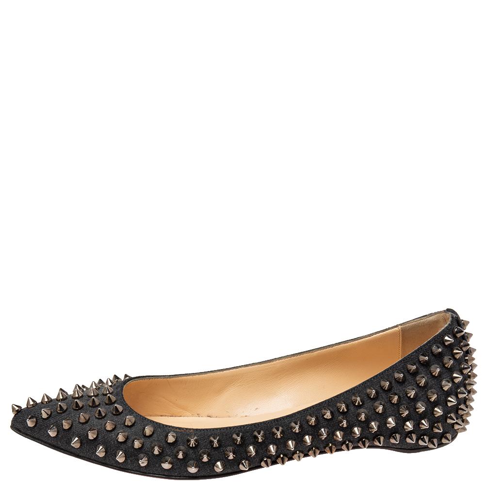 Christian Louboutin Black Canvas Pigalle Spike Ballet Flats Size 37 In Good Condition In Dubai, Al Qouz 2