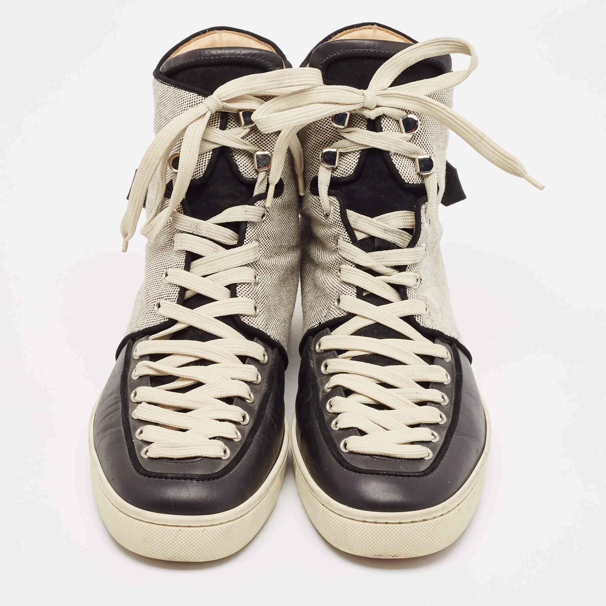 Beige Christian Louboutin Black/Cream Canvas Leather Alfie High Top Sneakers Size 45 For Sale