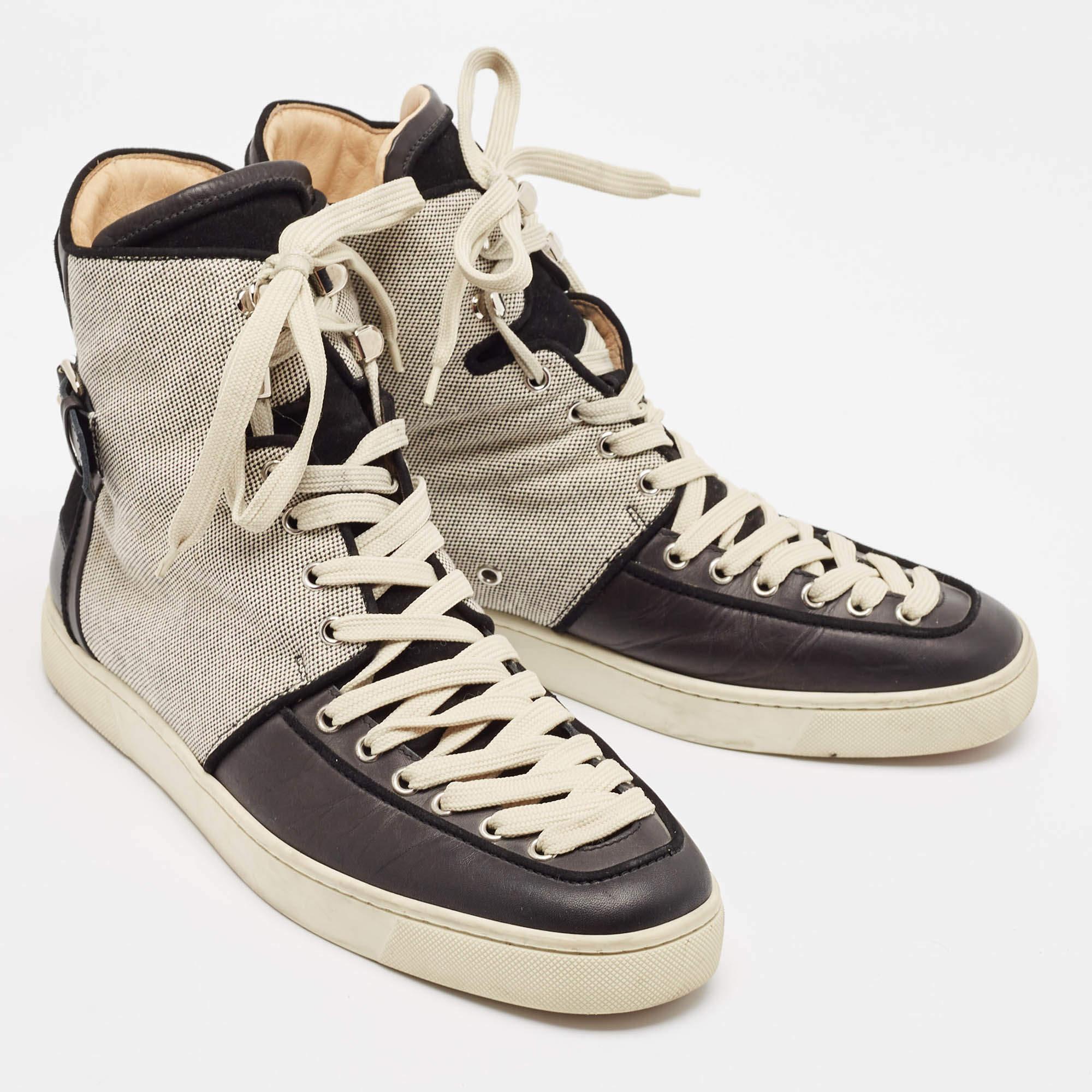 Christian Louboutin Black/Cream Canvas Leather Alfie High Top Sneakers Size 45 In Good Condition For Sale In Dubai, Al Qouz 2