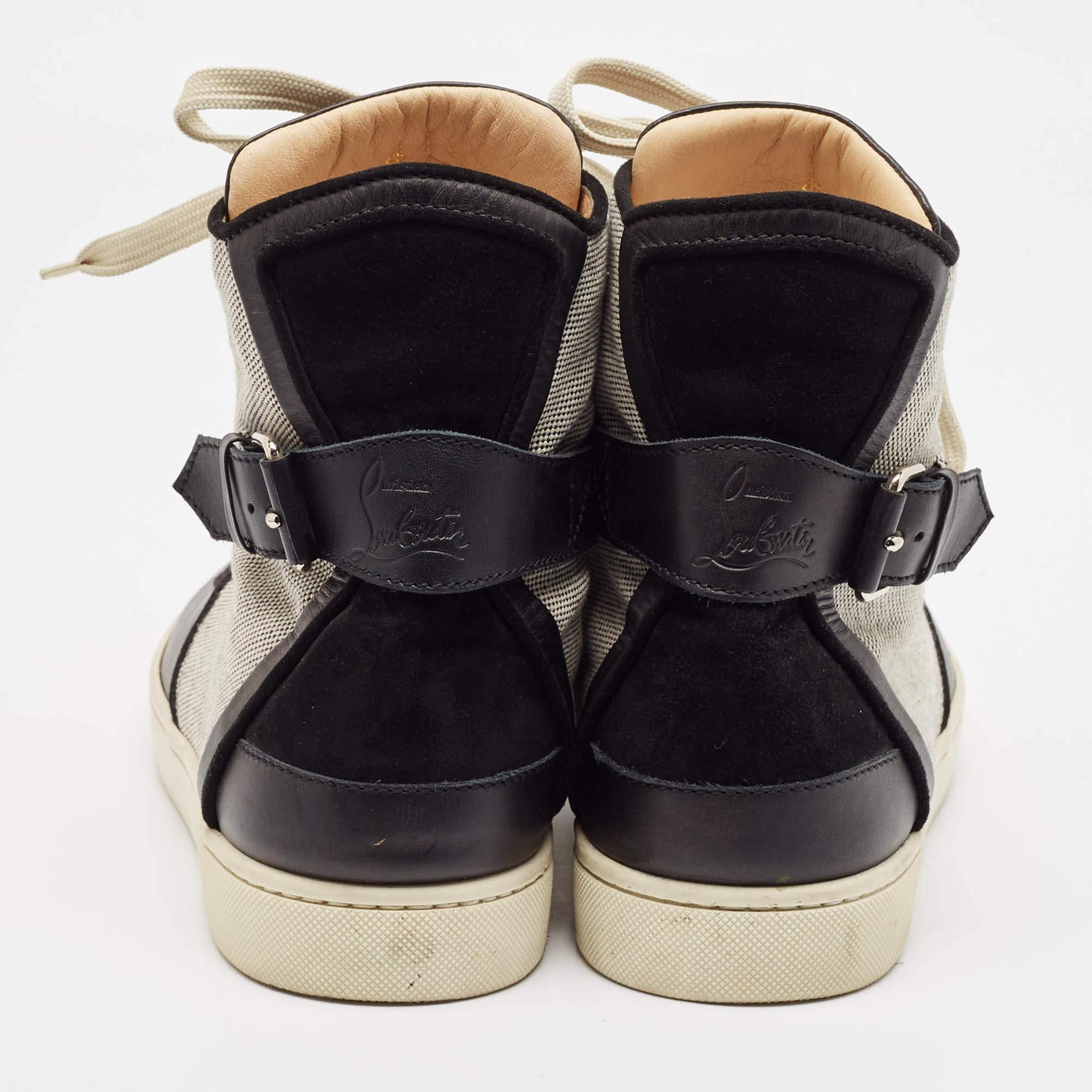 Men's Christian Louboutin Black/Cream Canvas Leather Alfie High Top Sneakers Size 45 For Sale