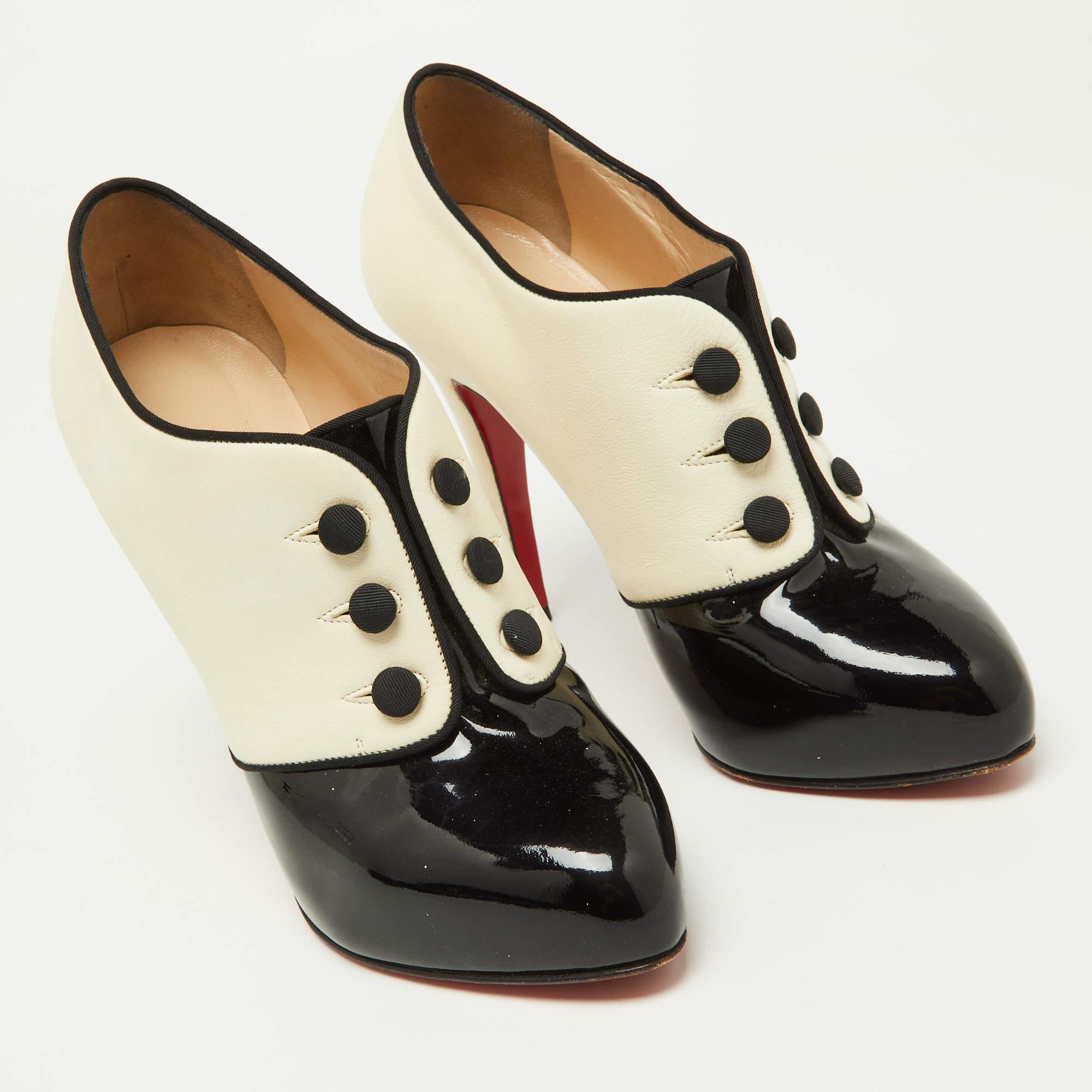 Women's Christian Louboutin Black/Cream Patent and Leather Esoteri Booties Size 38