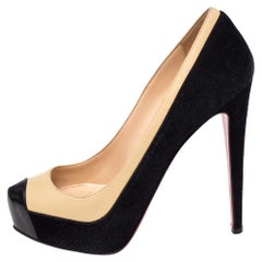 Christian Louboutin Black/Cream Suede and Leather Mago Platform Pumps Size 35.5