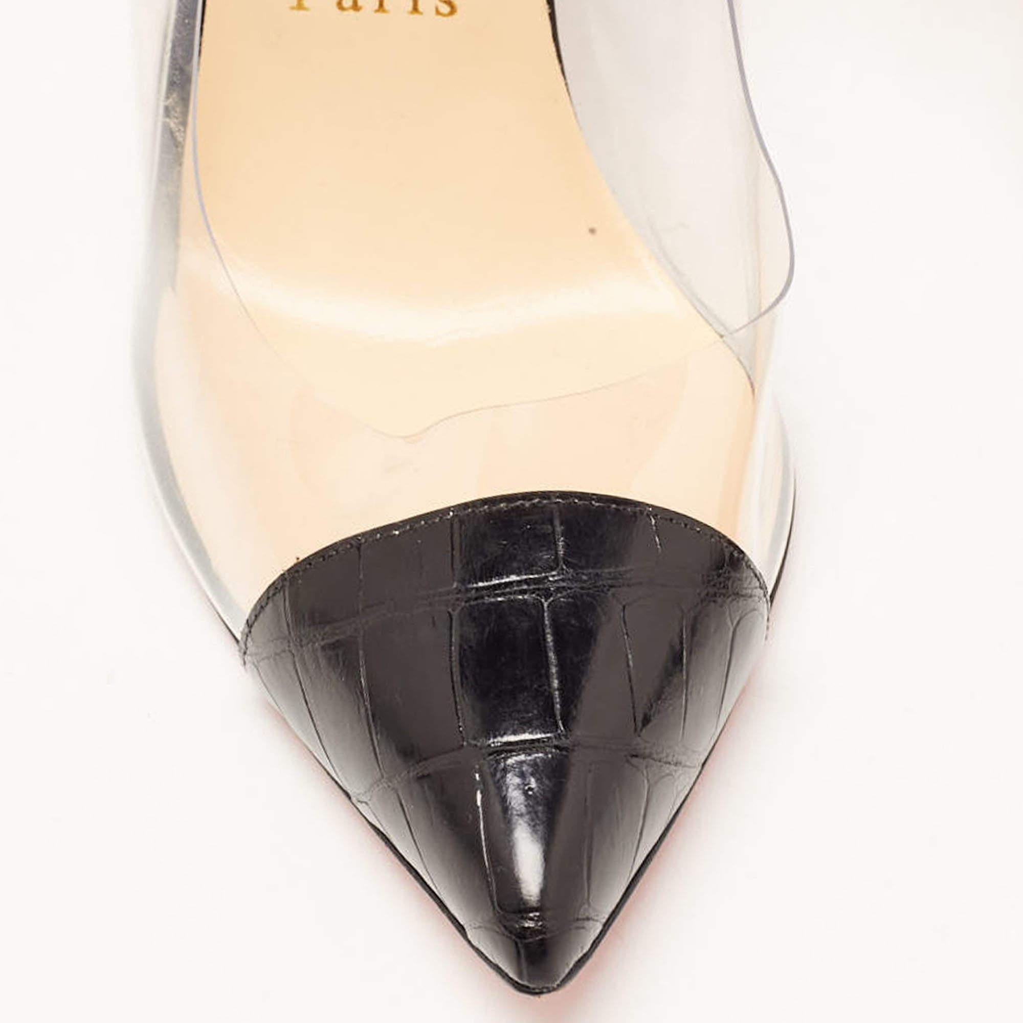 Beige Christian Louboutin Black Croc Embossed Leather and PVC Debout Pumps Size 38.5