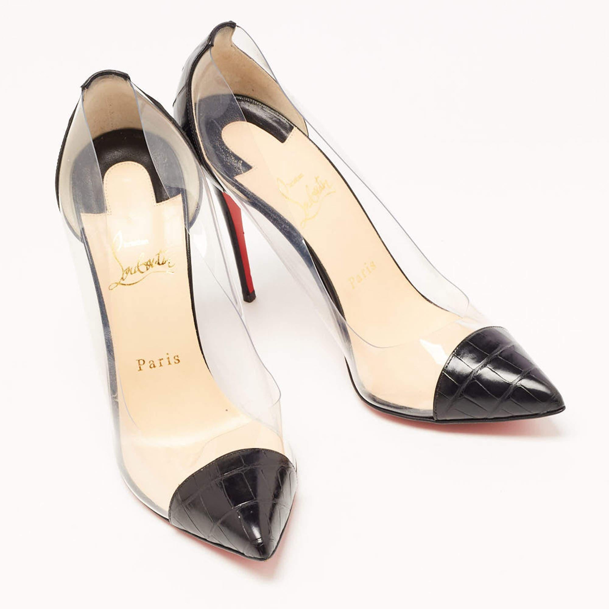 Christian Louboutin Black Croc Embossed Leather and PVC Debout Pumps Size 38.5 In Excellent Condition In Dubai, Al Qouz 2