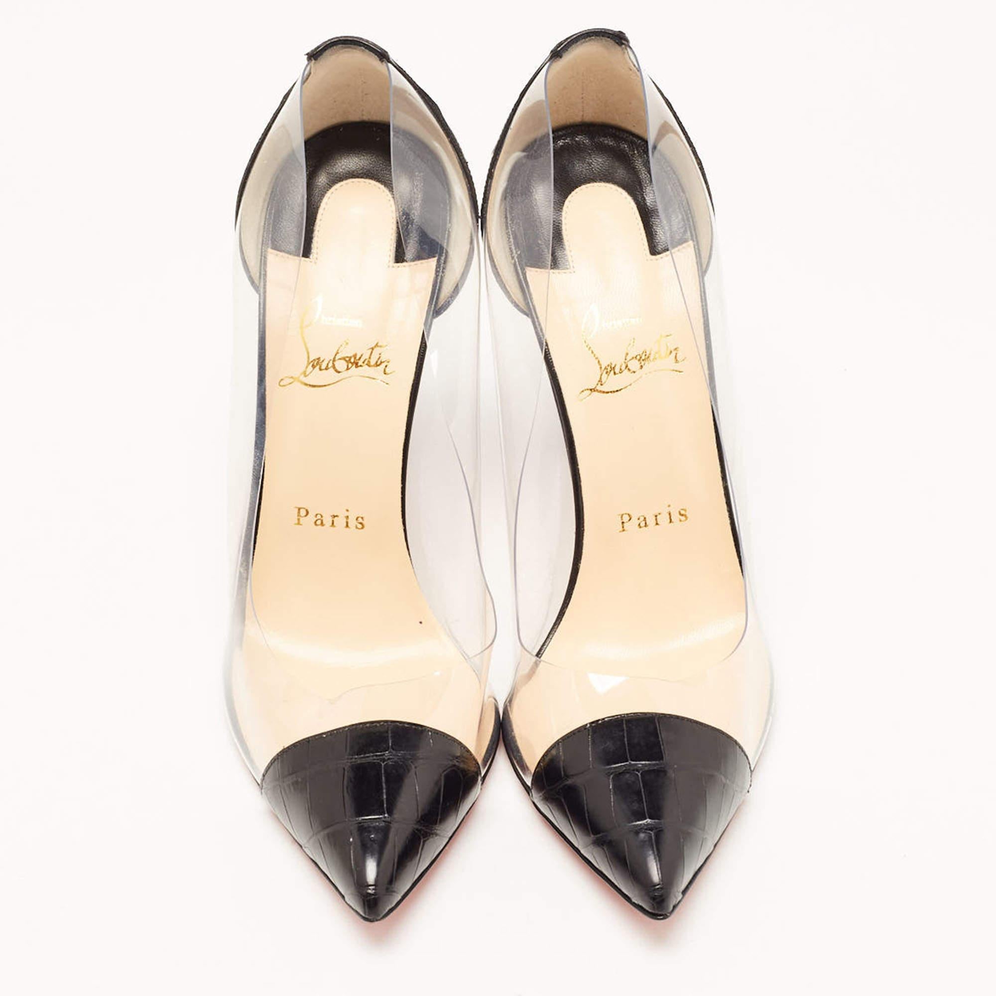 Women's Christian Louboutin Black Croc Embossed Leather and PVC Debout Pumps Size 38.5