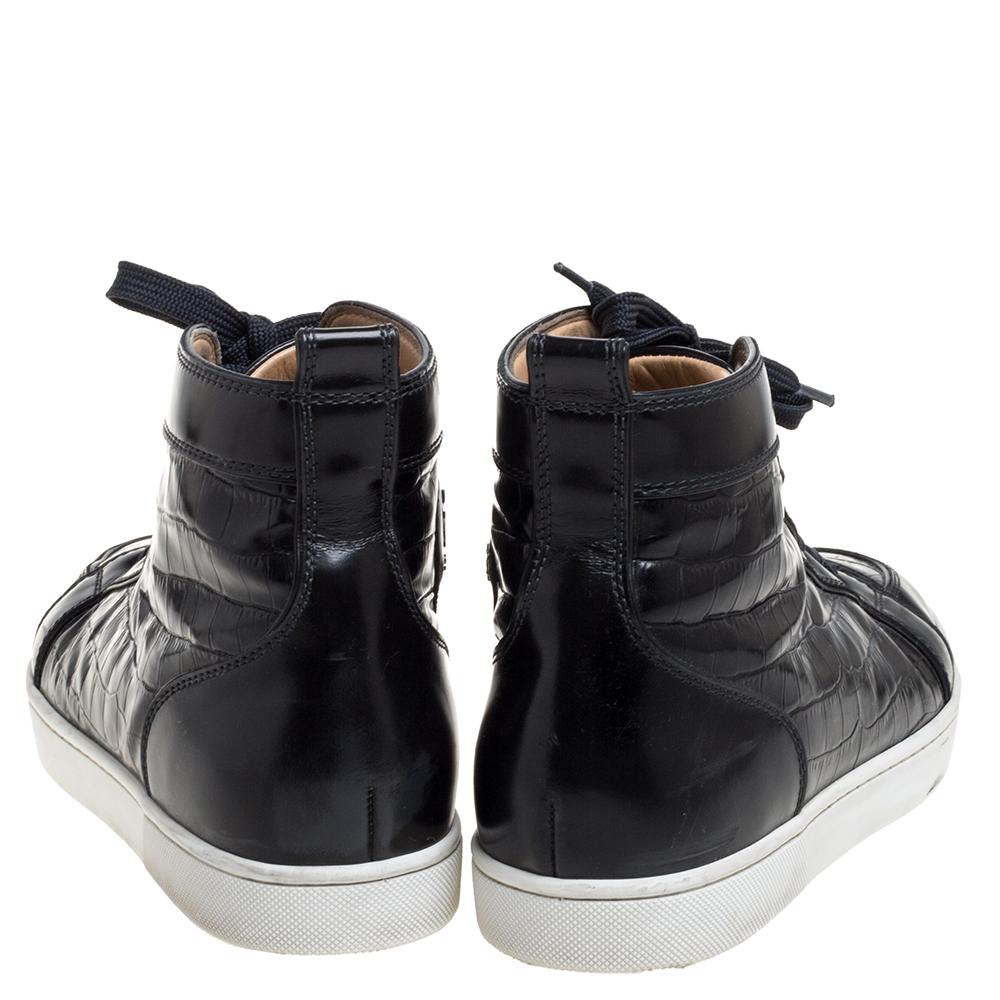 Christian Louboutin Black Croc Embossed Leather Rantus High Top Sneakers Size 43 In Good Condition In Dubai, Al Qouz 2