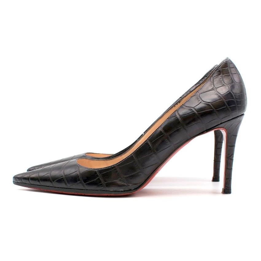 Christian Louboutin Black Crocodile Embossed Pointed Toe Pumps 38 For Sale 1