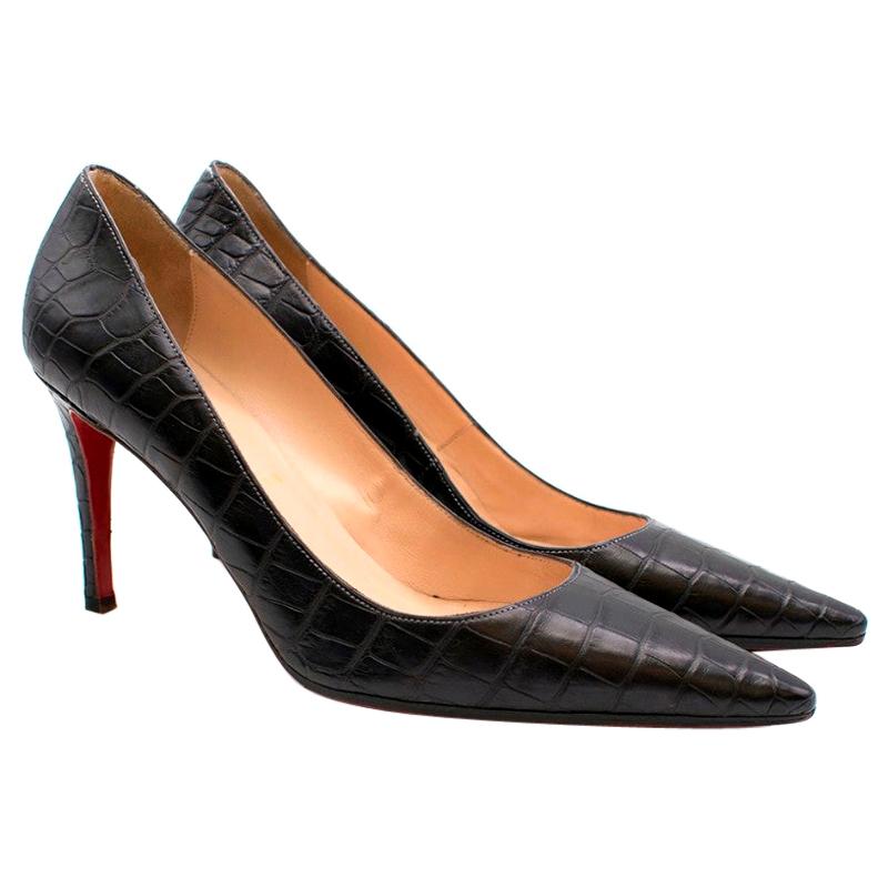 Christian Louboutin Black Crocodile Embossed Pointed Toe Pumps 38 For Sale