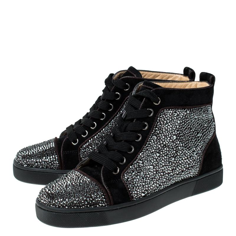 Women's Christian Louboutin Black  Crystal Embellished High Top Sneakers Size 35