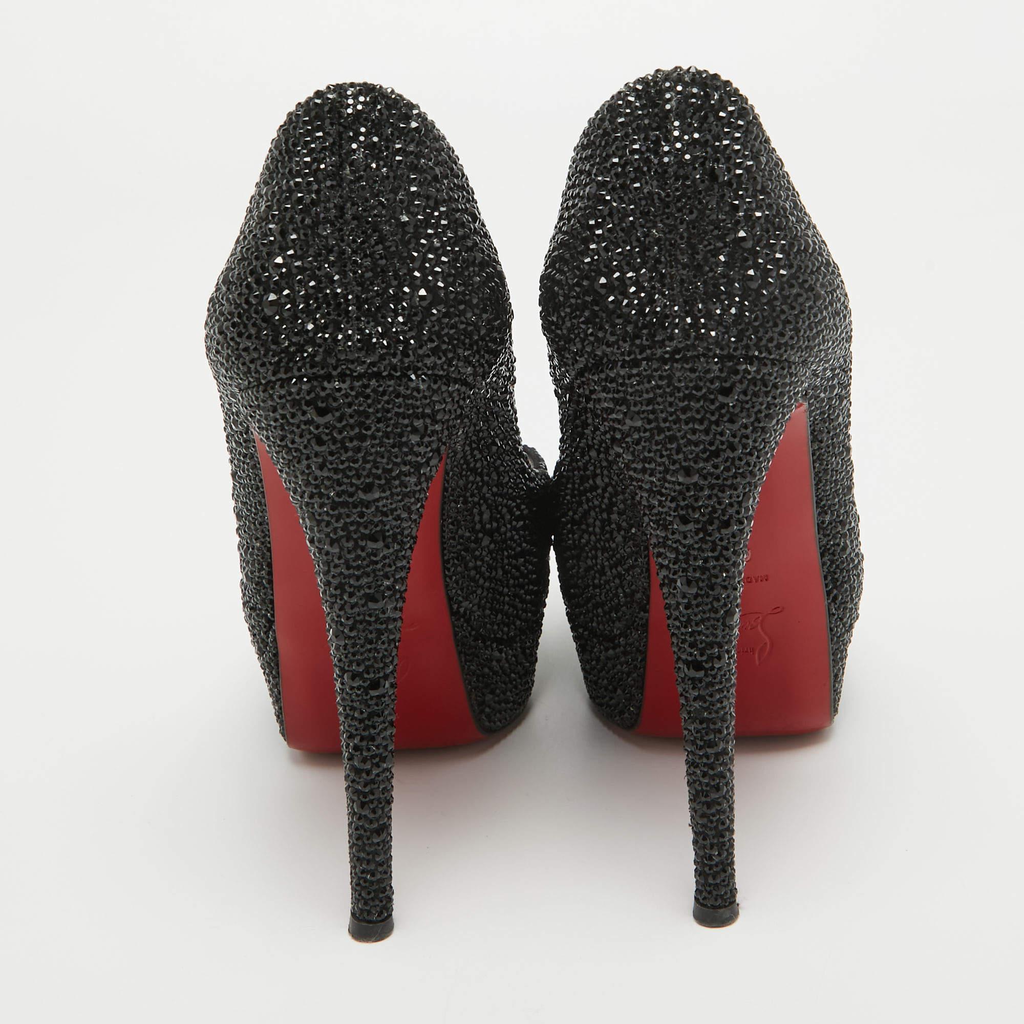 Women's Christian Louboutin Black Crystal Embellished Lady Peep Toe Pumps Size 38.5 For Sale