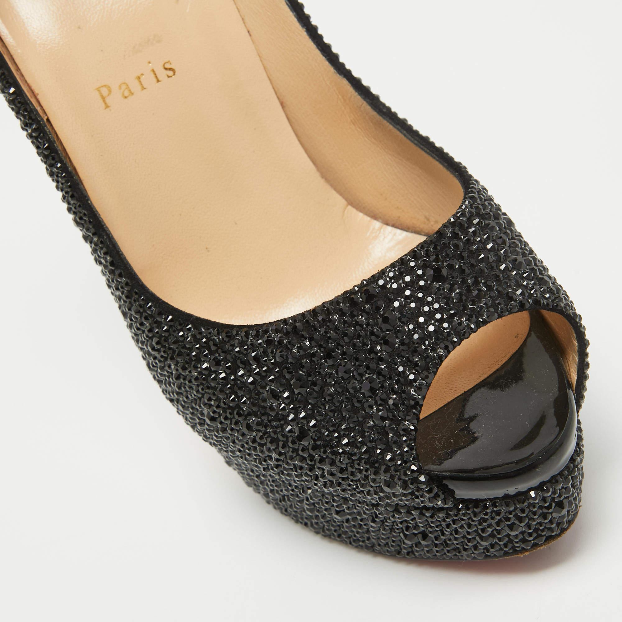 Christian Louboutin Black Crystal Embellished Lady Peep Toe Pumps Size 38.5 For Sale 1