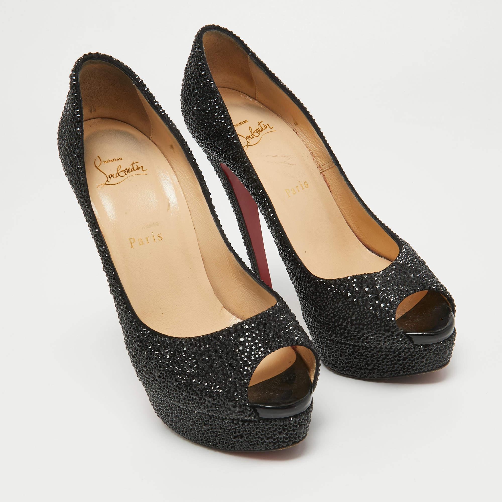 Christian Louboutin Black Crystal Embellished Lady Peep Toe Pumps Size 38.5 For Sale 2